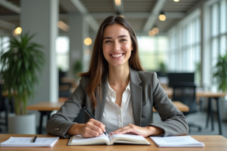 Femme professionnelle écrivant ses objectifs au bureau