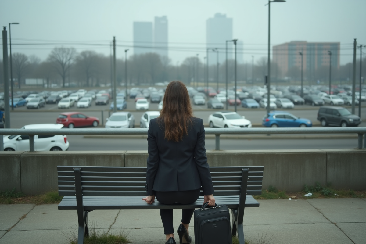 Jeune femme en costume assise dans un parc urbain