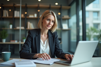 Femme d affaires regardant un document digital sur une tablette
