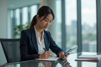 Femme professionnelle utilisant une tablette dans un bureau moderne