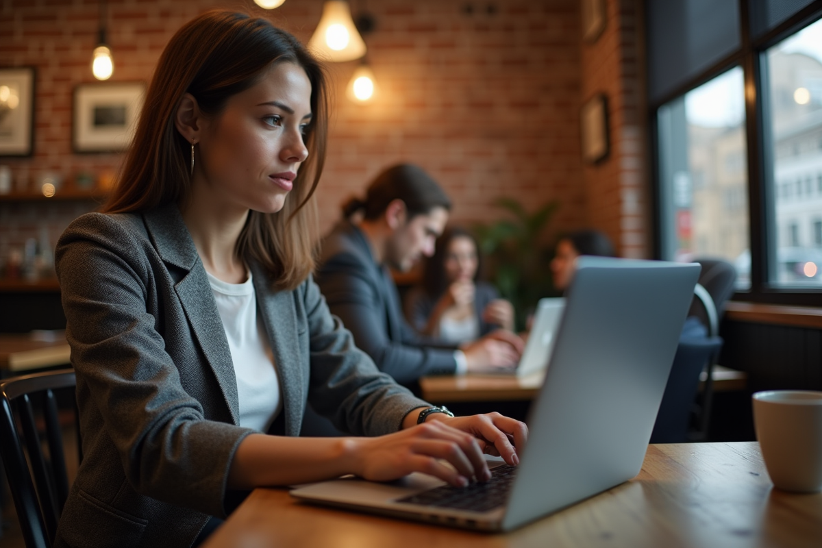 Femme travaillant sur un VPN dans un café chaleureux