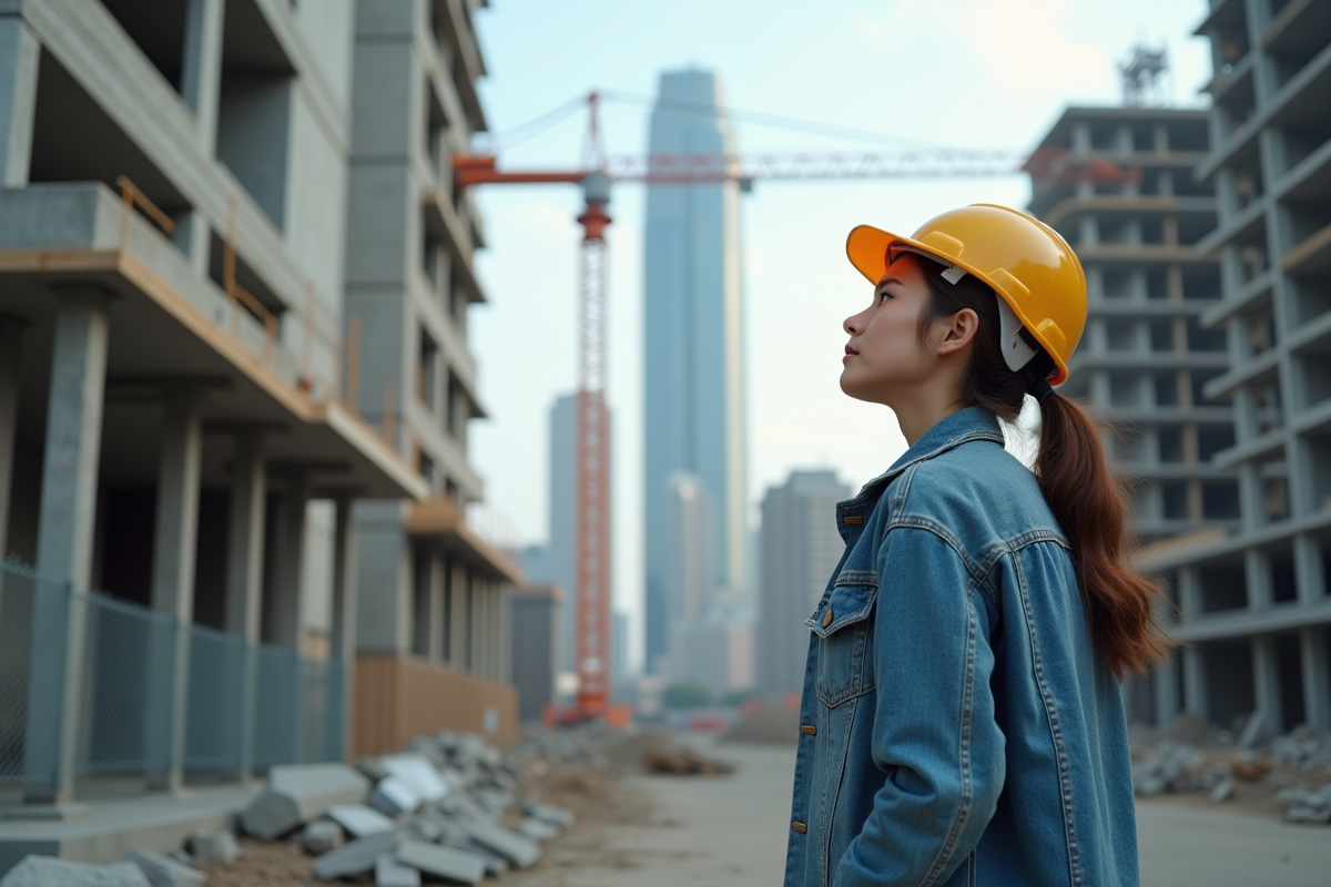 Femme portant casque observe un chantier avec grue en activité
