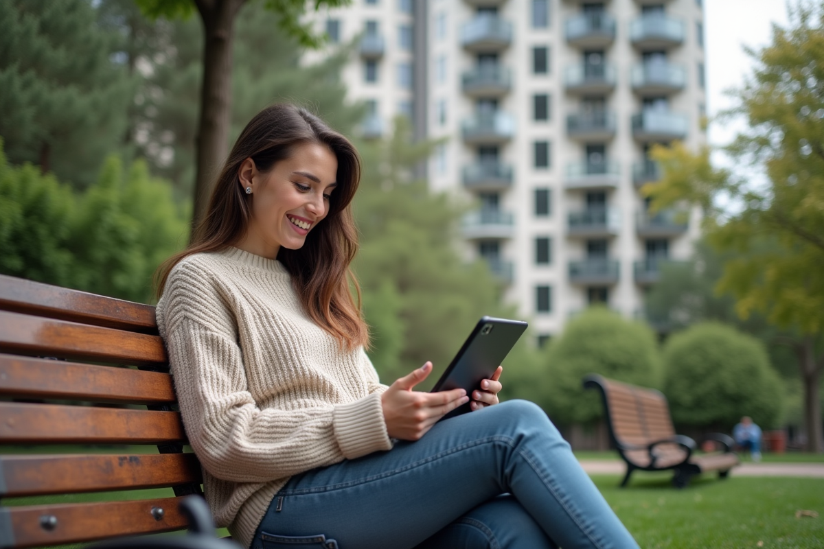 Jeune femme souriante avec tablette devant immeuble moderne