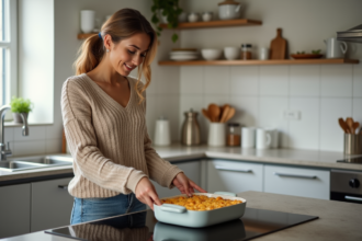 Femme posant une casserole moderne sur une plaque vitrocéramique lumineuse