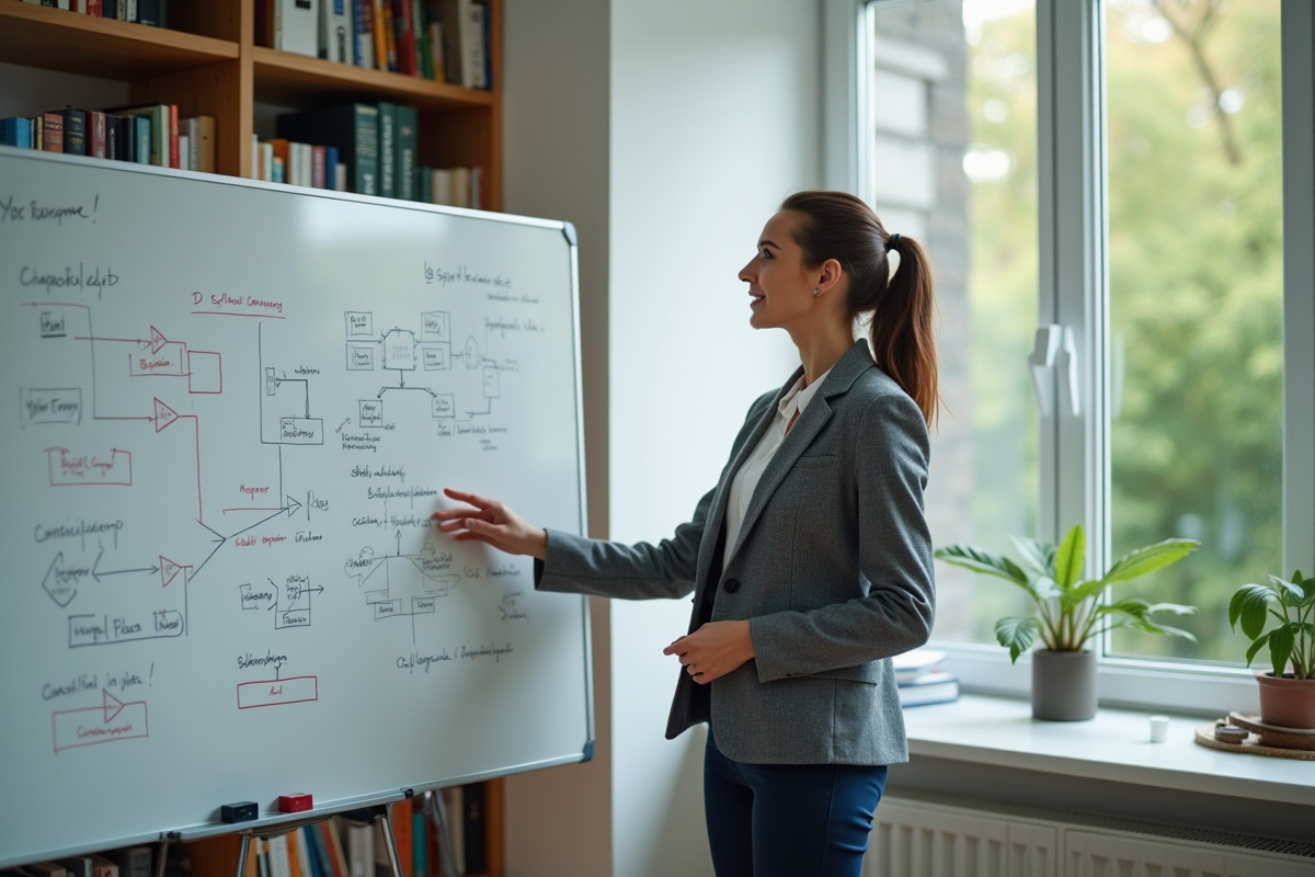 Femme data scientist expliquant devant un tableau blanc