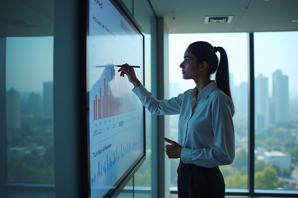 Jeune femme économiste pointant un graphique sur écran digital