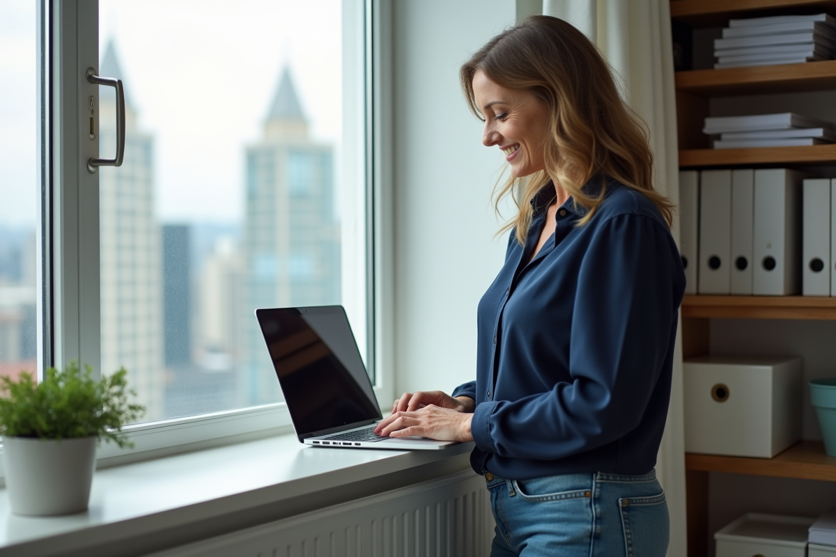 Femme souriante entre des chiffres de location dans un appartement