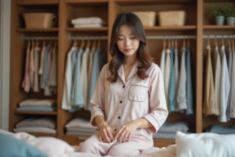 Femme en pyjama pliant des vêtements dans une penderie organisée