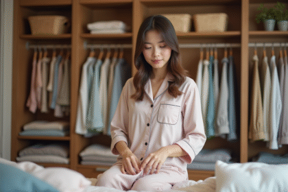 Femme en pyjama pliant des vêtements dans une penderie organisée
