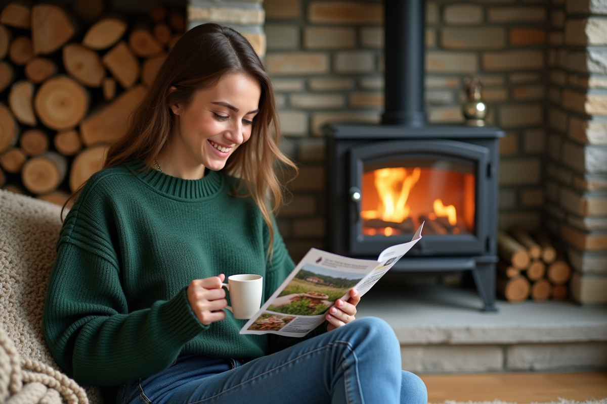 Jeune femme lisant une brochure sur lenergie bois à la maison