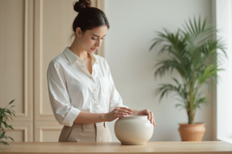 Jeune femme posant un vase en décoration intérieure