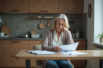 Femme méditative regardant des documents médicaux à la maison