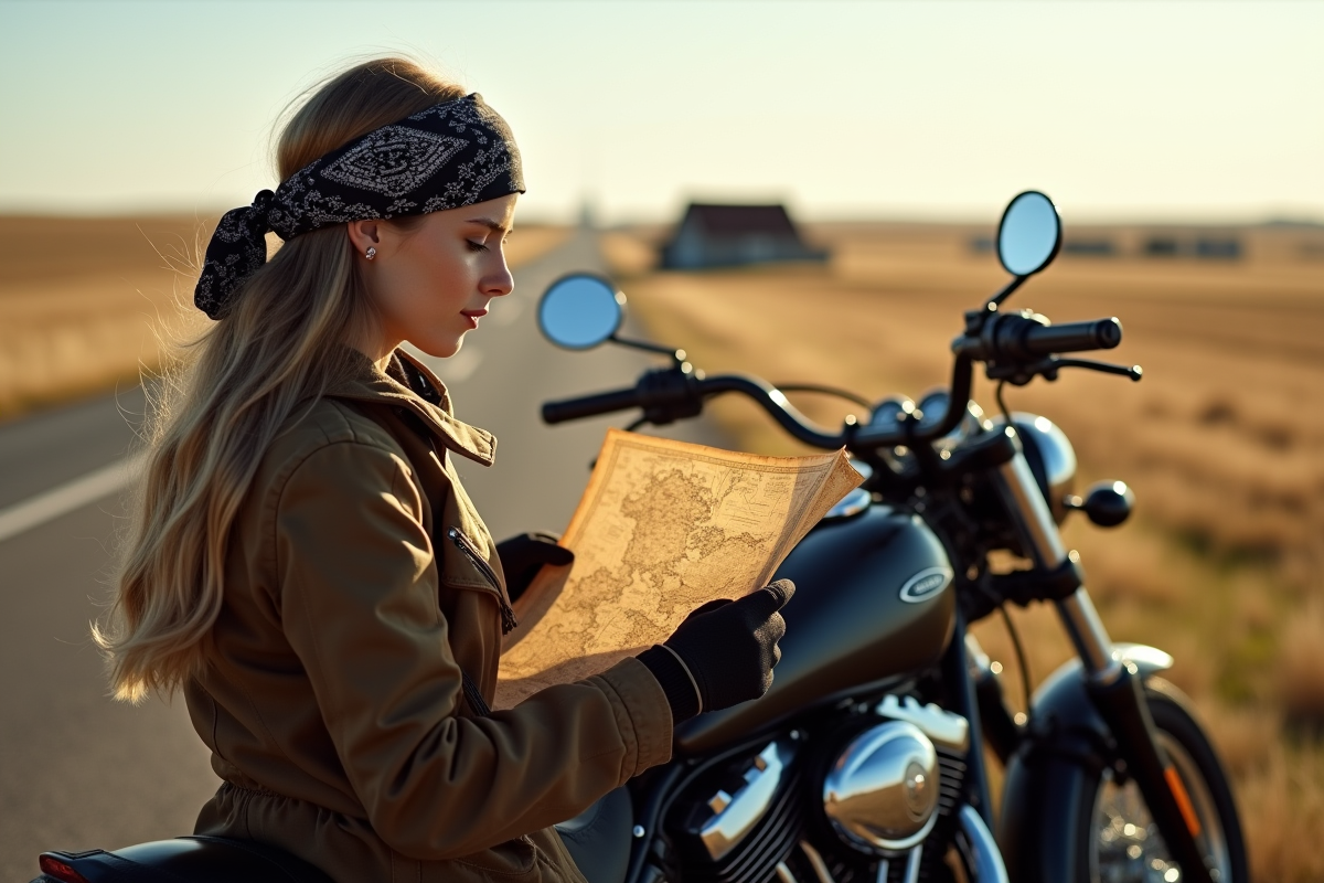Jeune femme avec carte à moto sur route rurale