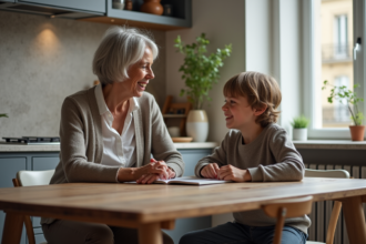 Femme et enfant discutent dans une cuisine moderne
