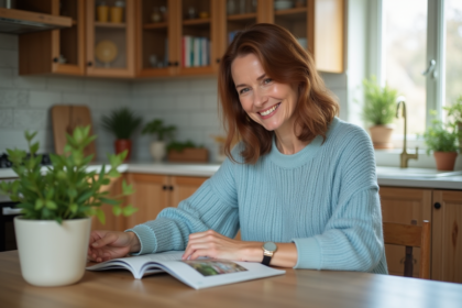 Femme élégante de 50 ans souriante dans une cuisine lumineuse