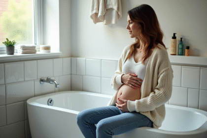 Femme pensive assise sur la baignoire dans la salle de bain