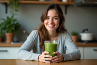 Femme souriante tenant un smoothie vert dans la cuisine chaleureuse