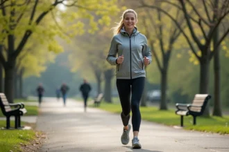 Femme en tenue de sport marchant dans un parc urbain au printemps