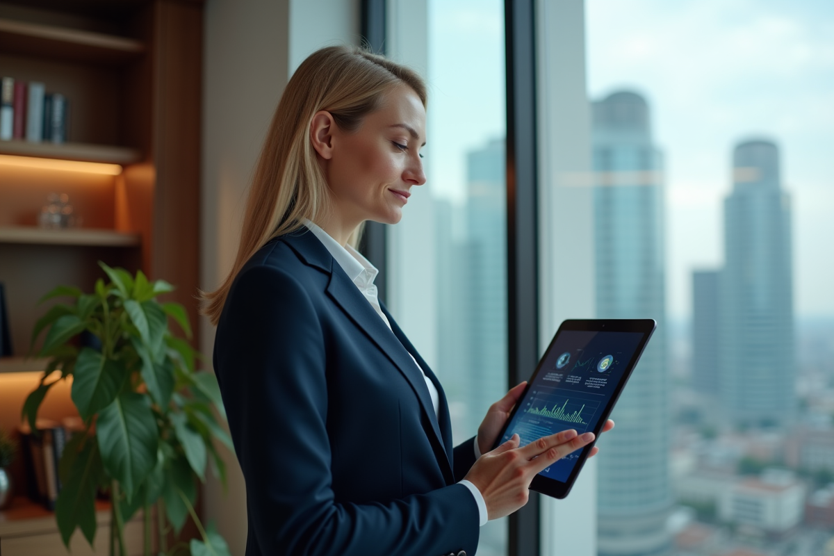 Femme d affaires avec tablette blockchain dans un bureau
