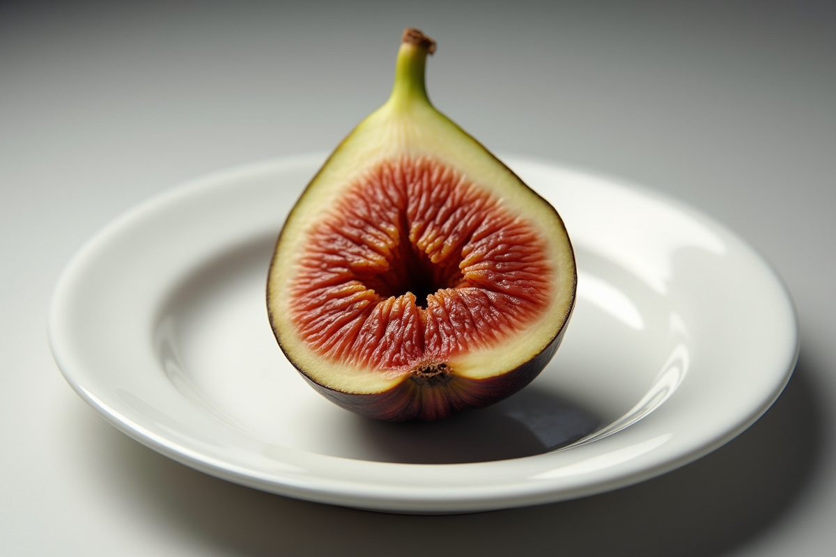 Figue coupée en deux sur une assiette blanche