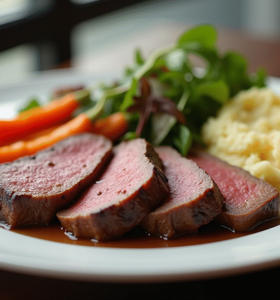 Filet mignon tranché avec légumes rôtis et purée