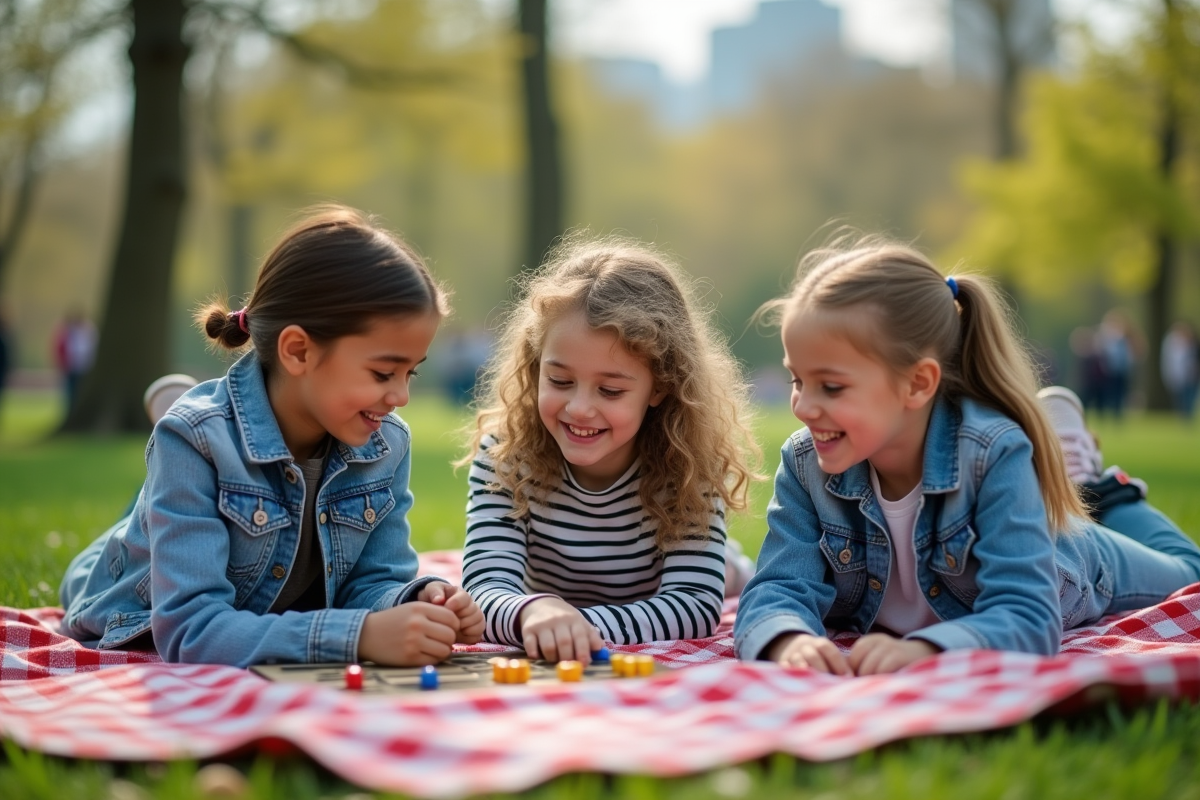 Freres jouant à un jeu de société dans un parc en famille