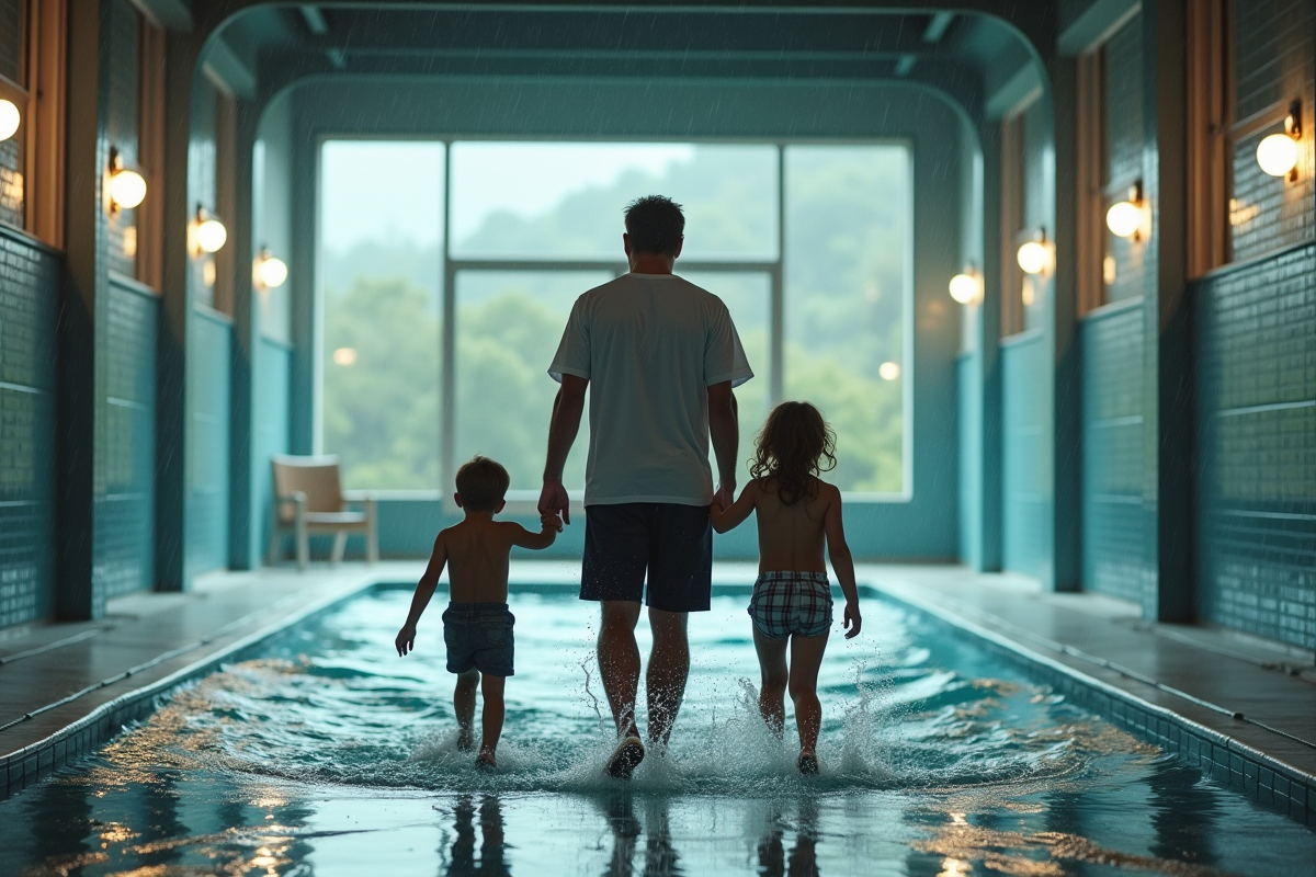 Homme aidant deux enfants hors de la piscine couverte