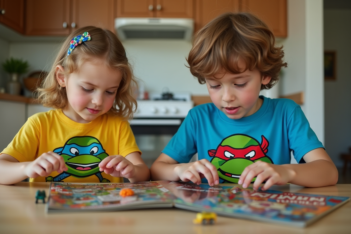 Enfants avec t shirts ninja turtles en train de trier des figurines
