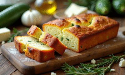 Gâteau de courgette et feta tranché sur planche en bois
