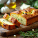 Gâteau de courgette et feta tranché sur planche en bois