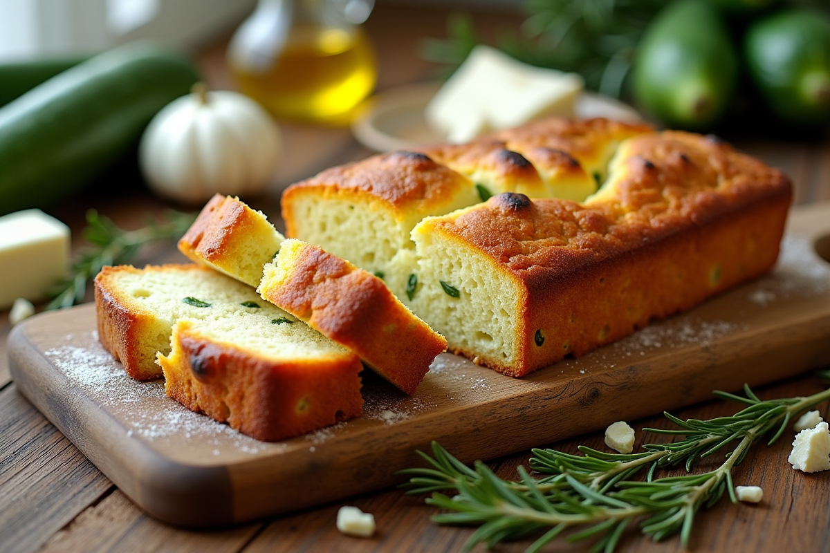 Gâteau de courgette et feta tranché sur planche en bois