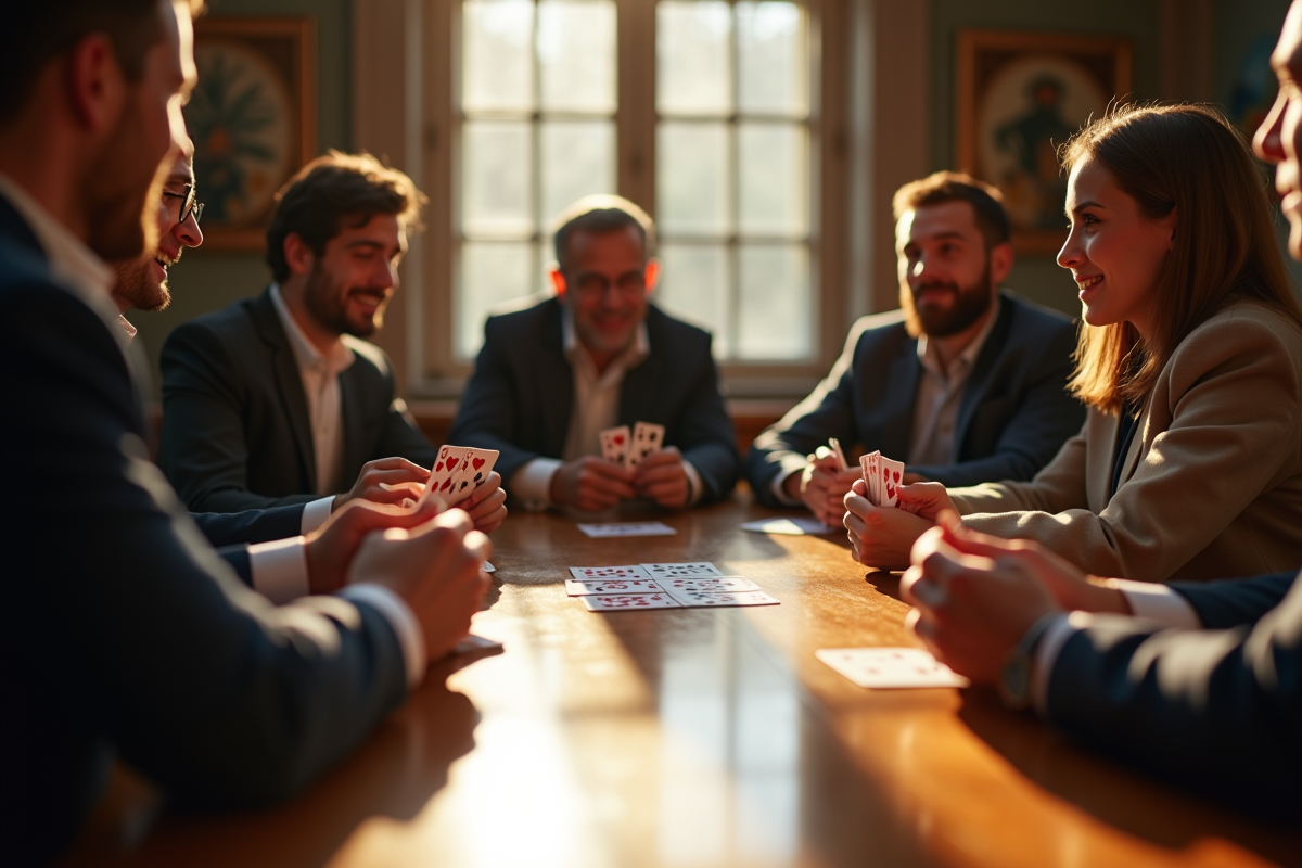 Groupe d'amis jouant au President autour d'une table en bois