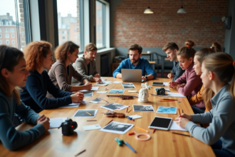 Groupe d'artistes divers dans un studio lumineux créatif