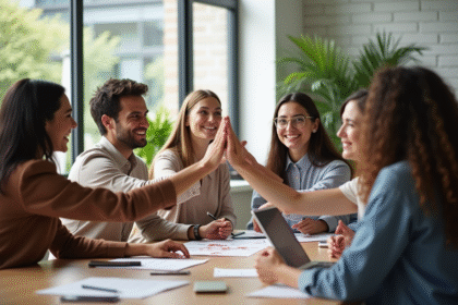 Groupe de collègues souriants en équipe dans un bureau lumineux