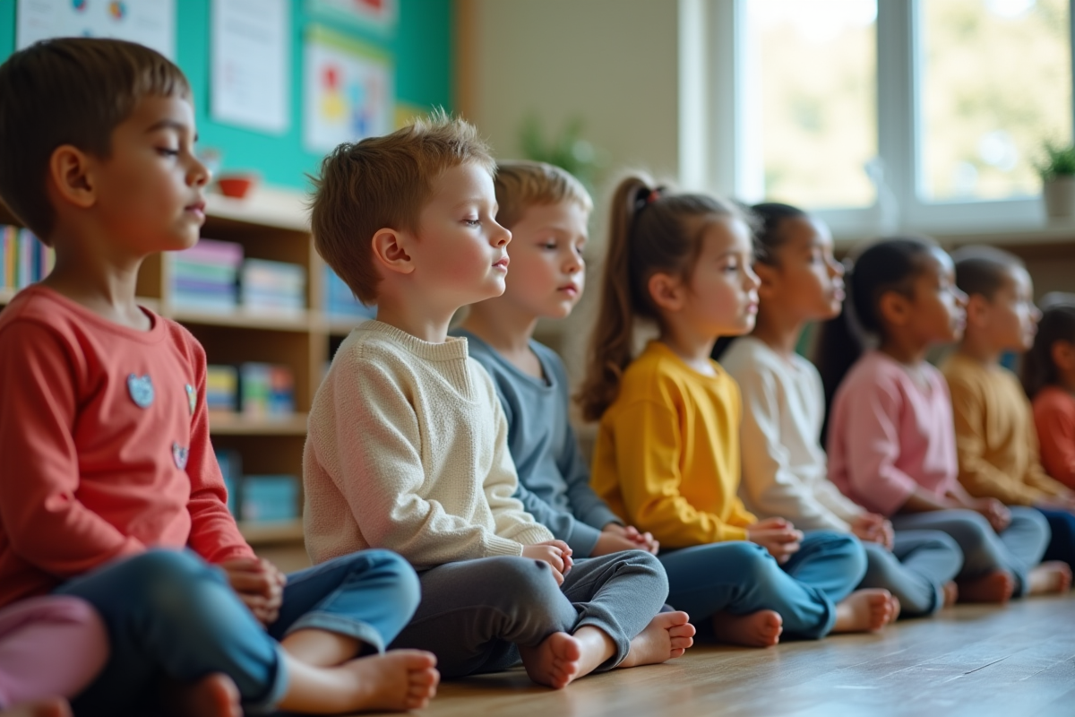 Enfants d'école en méditation dans la classe