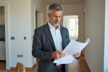 Homme en blazer étudiant des plans dans un appartement rénové