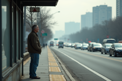 Homme d'âge moyen au arrêt de bus urbain congestionné