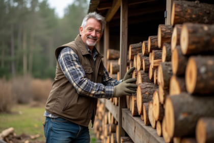 Homme moyenâgeux empilant du bois devant une cabane en bois