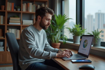 Homme détendu utilisant un ordinateur avec VPN à la maison