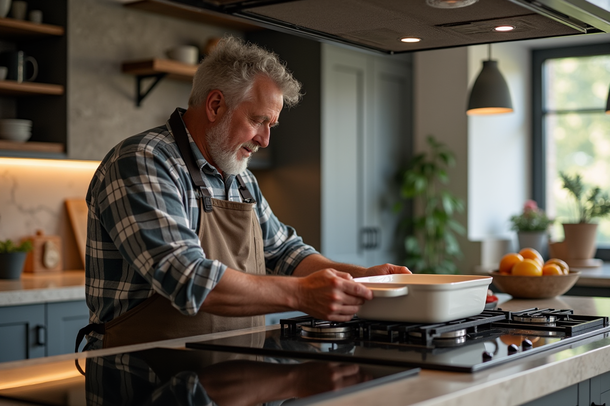 Homme vérifiant une casserole sur une plaque vitrocéramique moderne