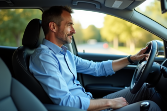 Homme d'âge moyen concentré au volant d'une voiture moderne