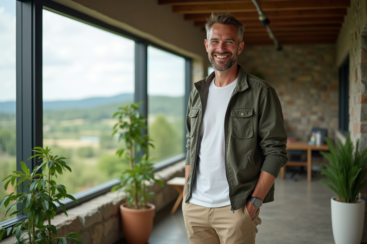 Homme détendu dans espace de coworking avec vue campagne