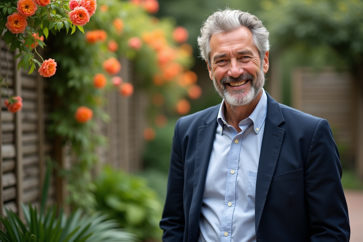 Homme mature debout dans un jardin fleuri en plein air