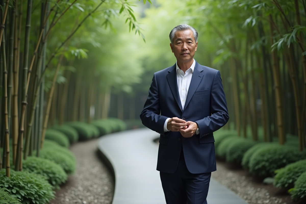 Homme japonais ajustant ses manchettes dans un jardin de Kyoto