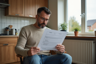 Homme moyenâgeux lisant un rapport d'énergie à la maison