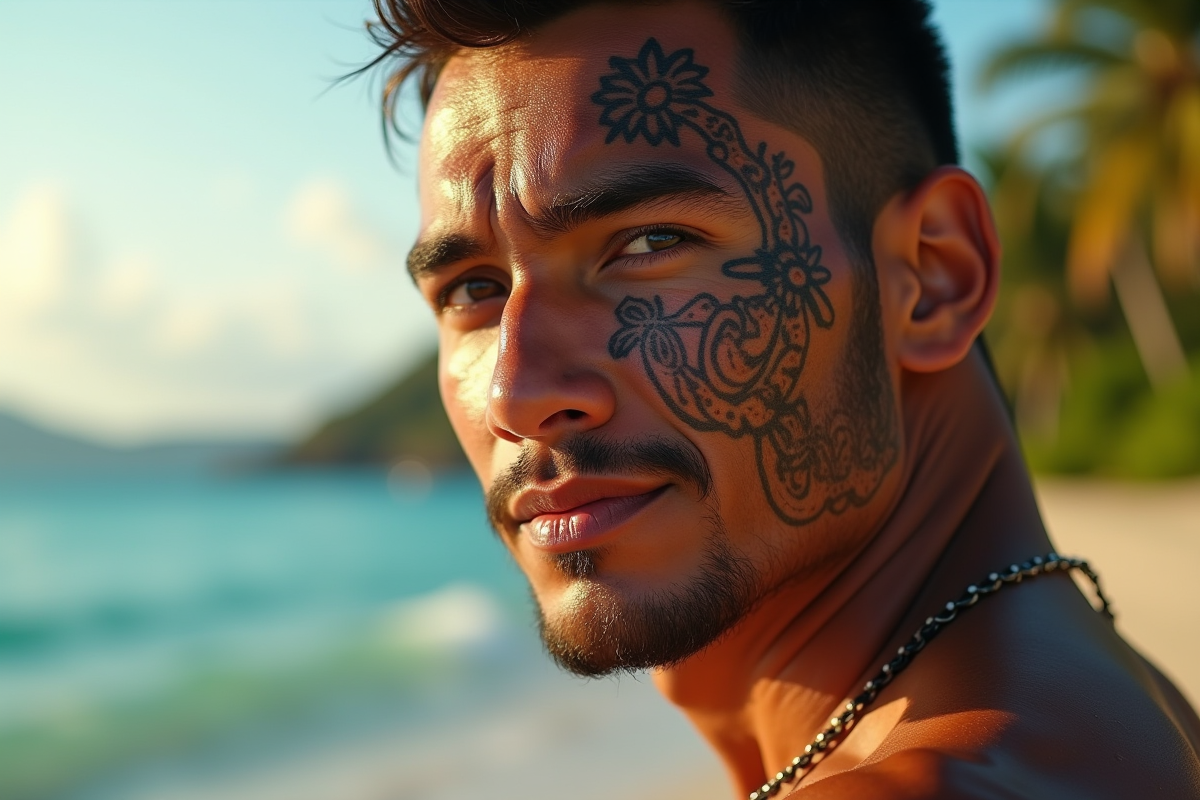 Homme polynesien fière montrant son tatouage maori sur le visage au lever du soleil