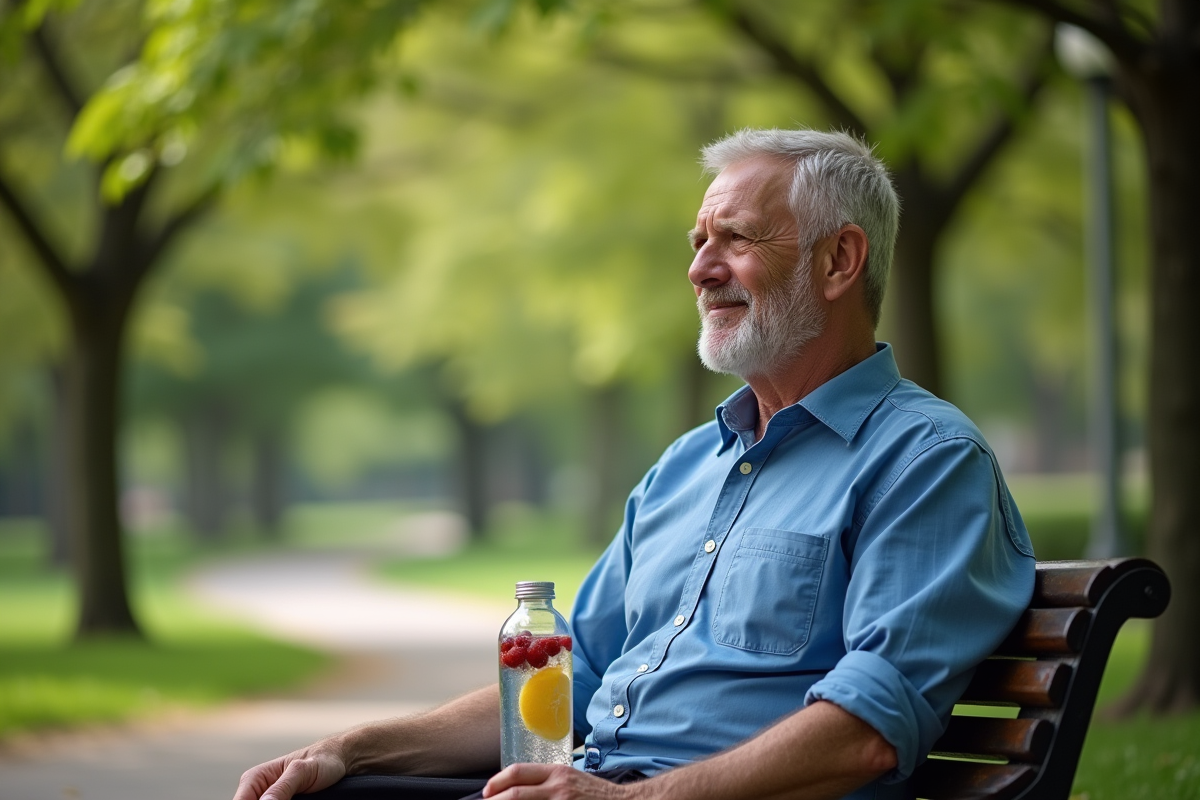 Homme âgé détendu assis sur un banc dans un parc avec eau infusée