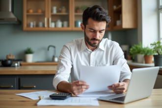 Homme en blanc examine documents de location dans une cuisine moderne