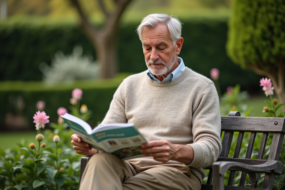 Homme mature lisant brochures d