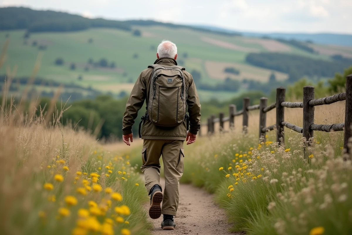 Homme âgé marchant sur un sentier rural avec paysage champêtre